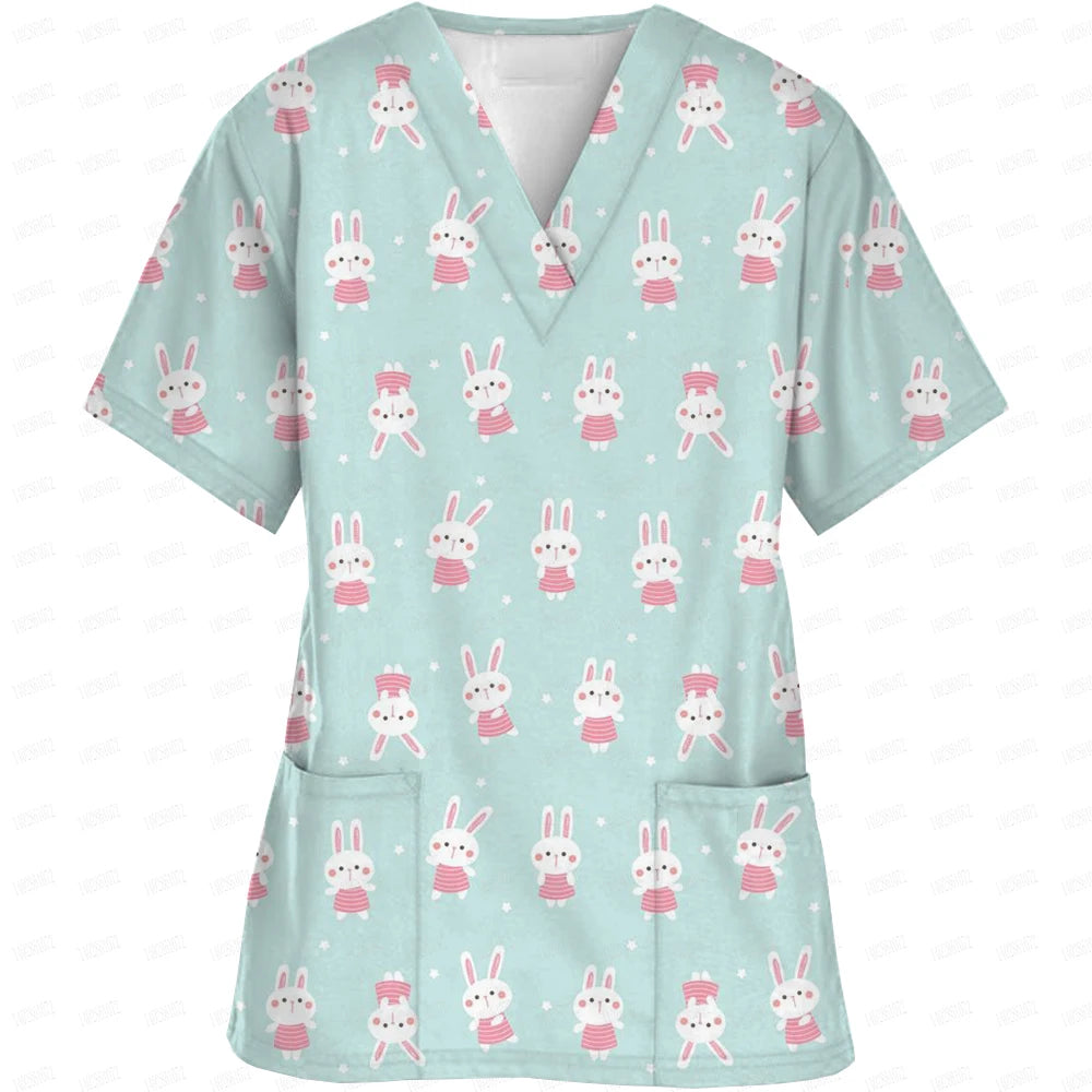 V-Neck Pocket Cartoon Animal Print scrub top