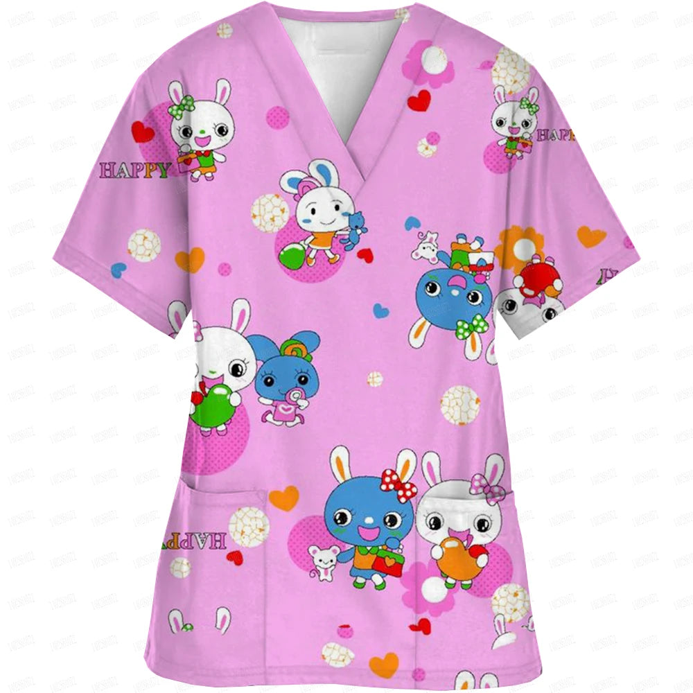 V-Neck Pocket Cartoon Animal Print scrub top