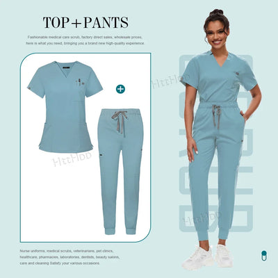 Medical Scrubs Set for Women Joggers V-Neck Pocket