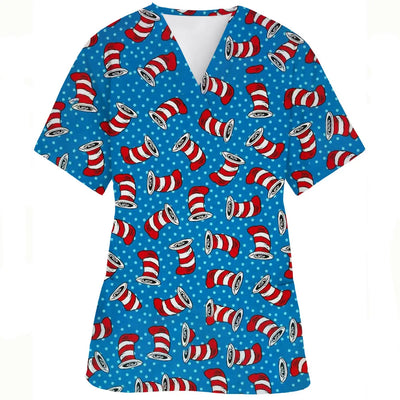 V-Neck Pocket Cartoon Animal Print scrub top