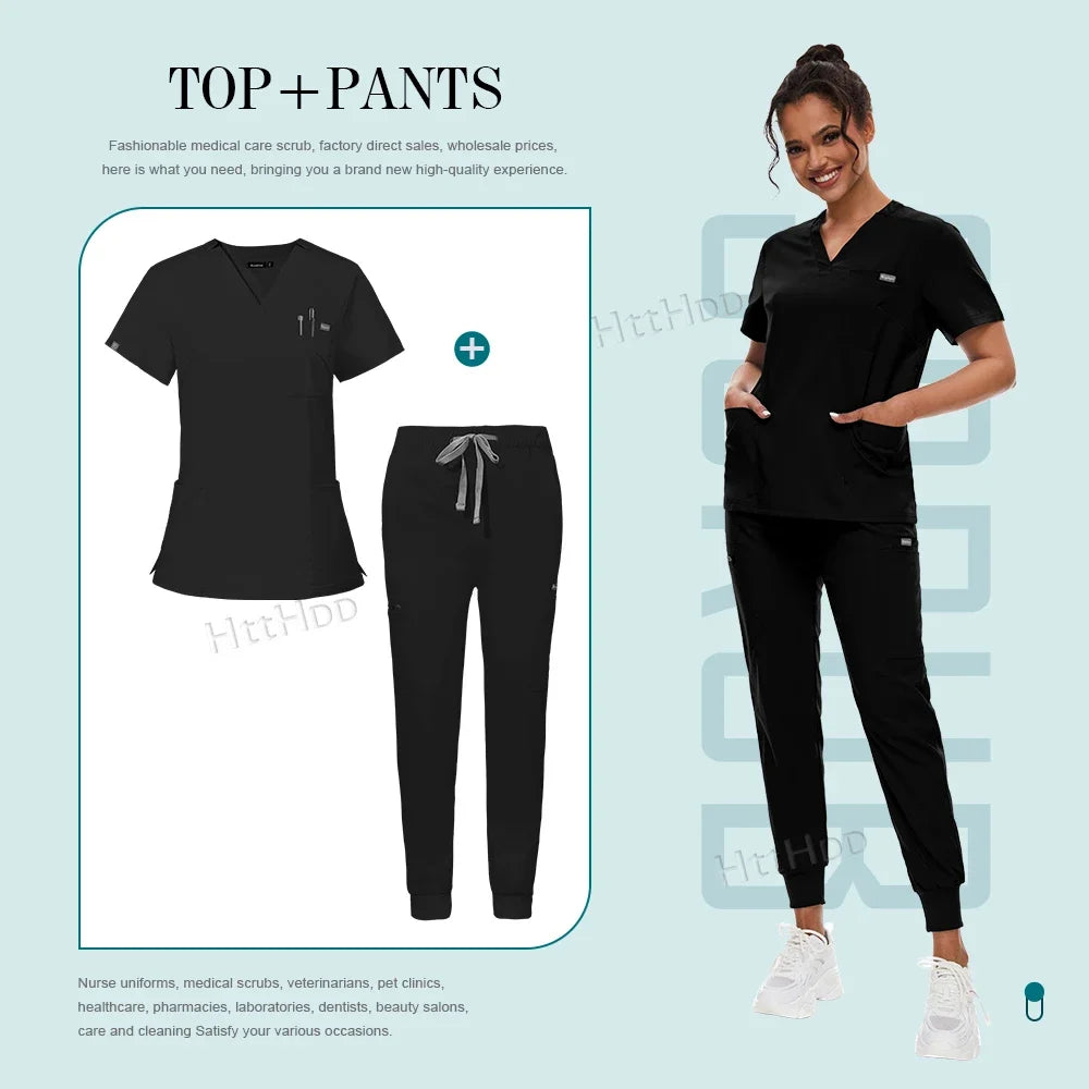 Medical Scrubs Set for Women Joggers V-Neck Pocket