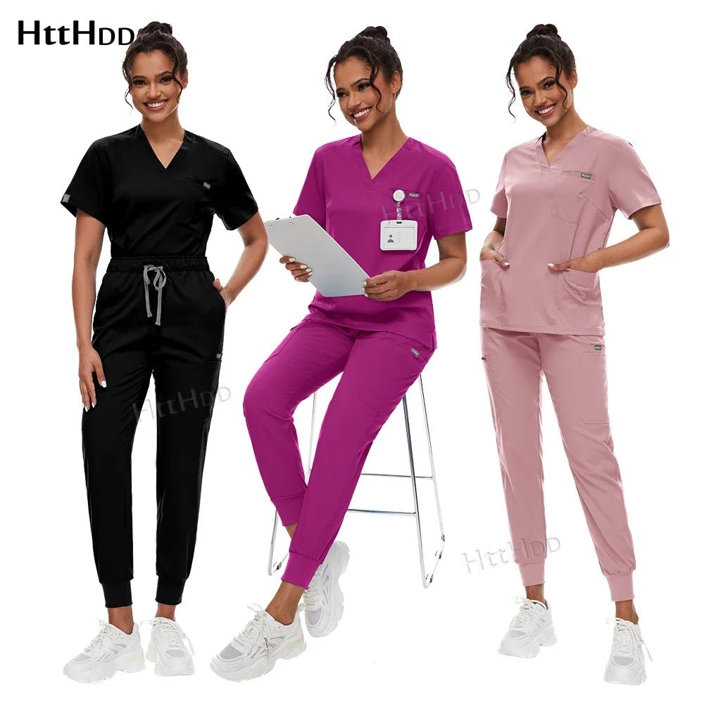 Medical Scrubs Set for Women Joggers V-Neck Pocket