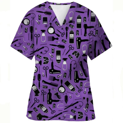 V-Neck Pocket Cartoon Animal Print scrub top