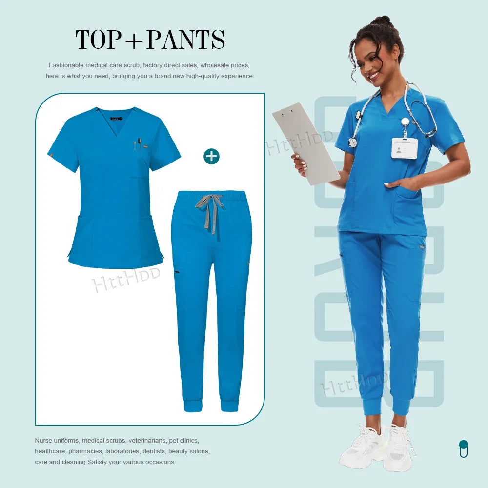 Medical Scrubs Set for Women Joggers V-Neck Pocket