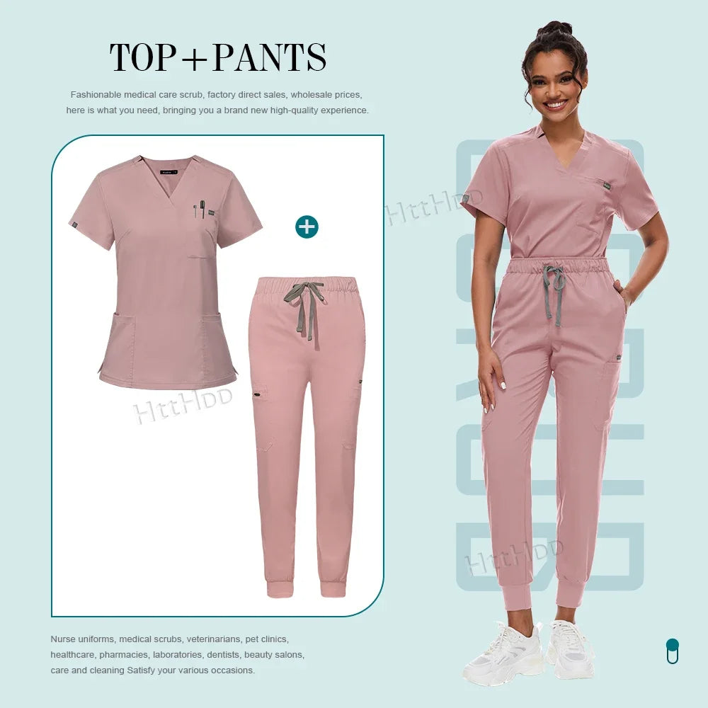 Medical Scrubs Set for Women Joggers V-Neck Pocket