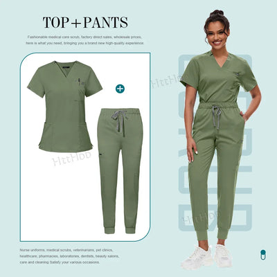 Medical Scrubs Set for Women Joggers V-Neck Pocket