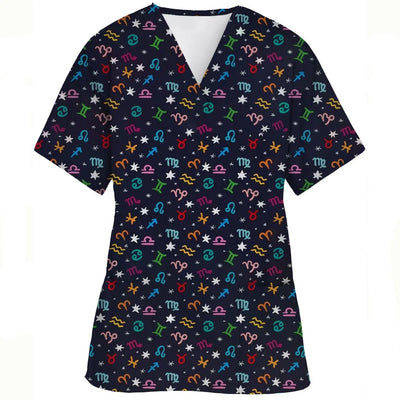 V-Neck Pocket Cartoon Animal Print scrub top