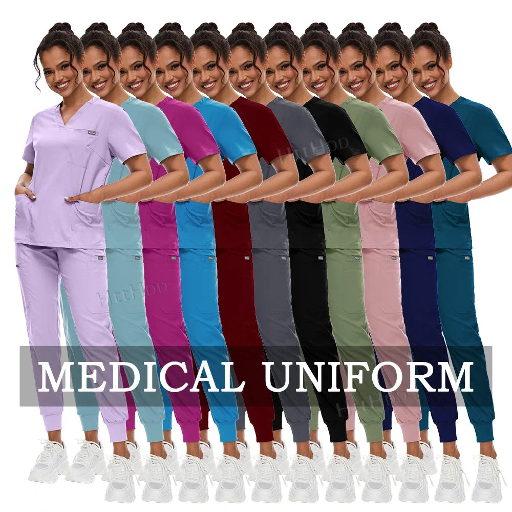 Medical Scrubs Set for Women Joggers V-Neck Pocket