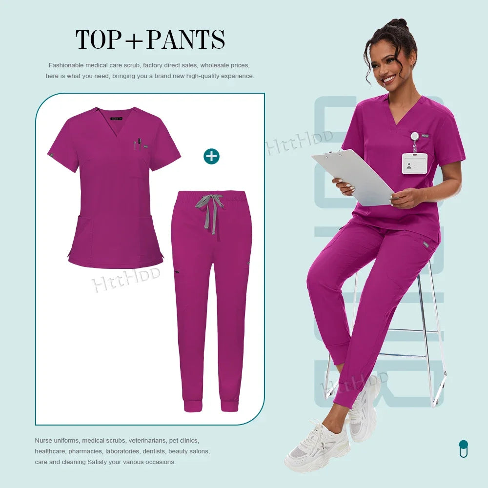 Medical Scrubs Set for Women Joggers V-Neck Pocket