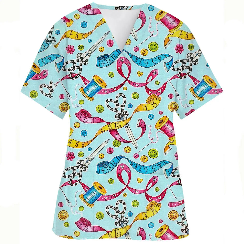 V-Neck Pocket Cartoon Animal Print scrub top