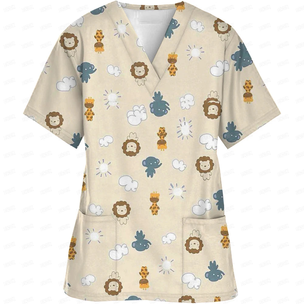 V-Neck Pocket Cartoon Animal Print scrub top