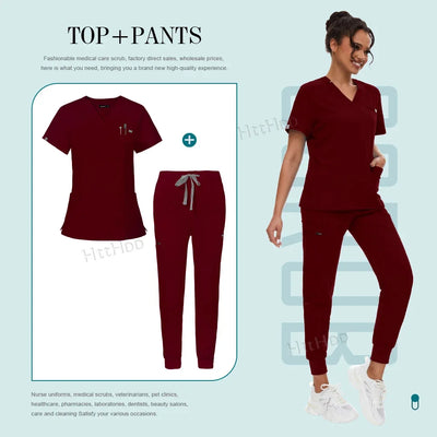 Medical Scrubs Set for Women Joggers V-Neck Pocket