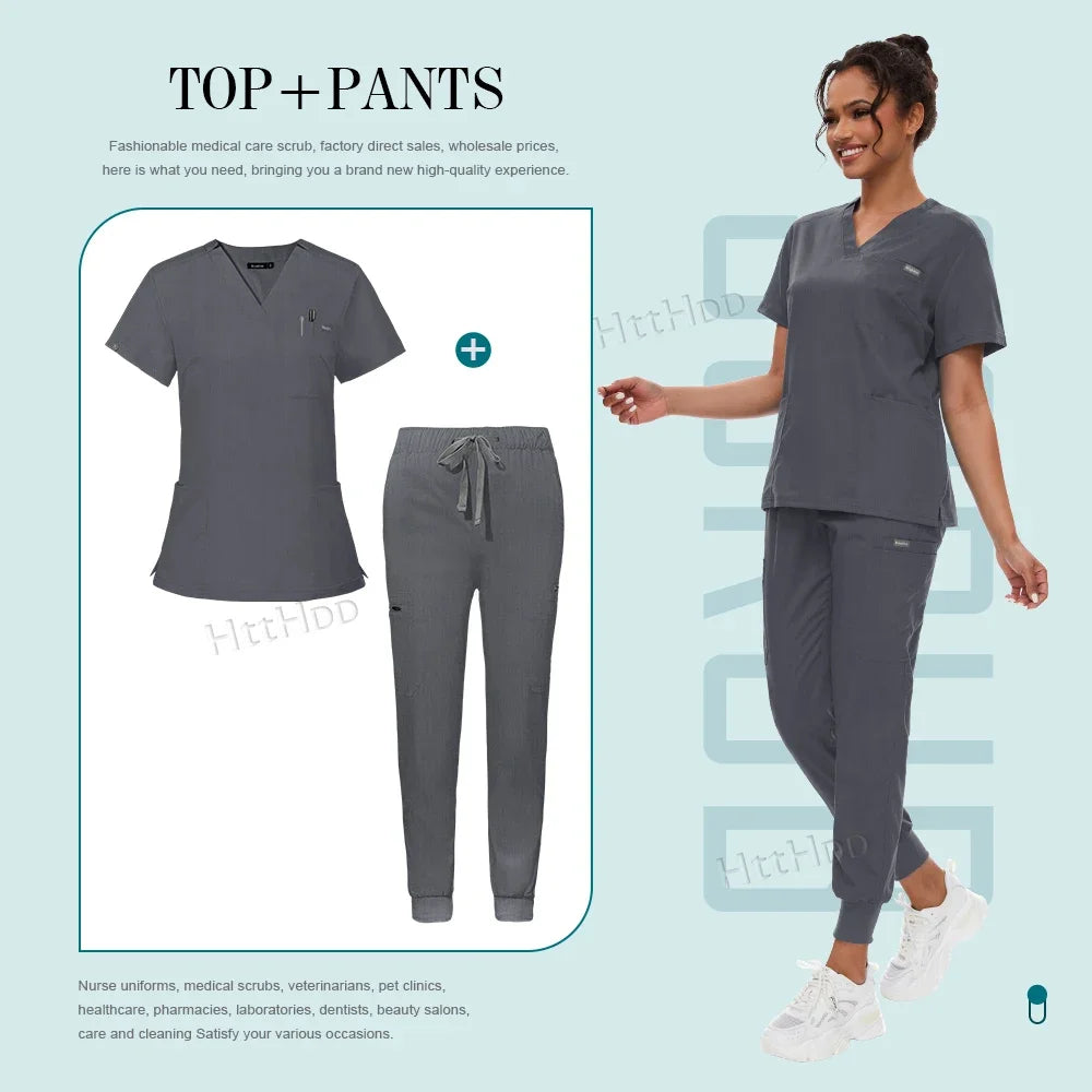 Medical Scrubs Set for Women Joggers V-Neck Pocket