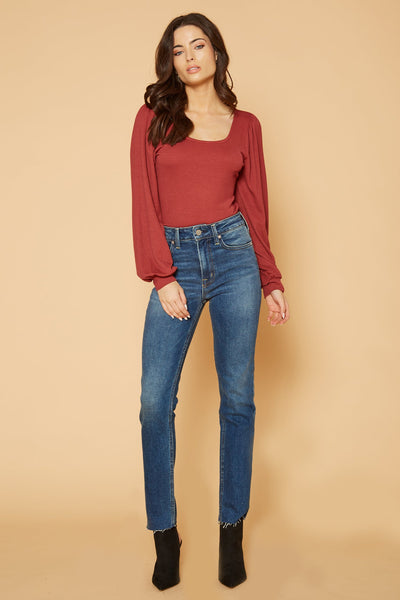 Women's Square Neck Puff Long Sleeve Bodysuit in Brick