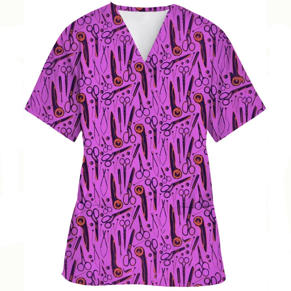 V-Neck Pocket Cartoon Animal Print scrub top