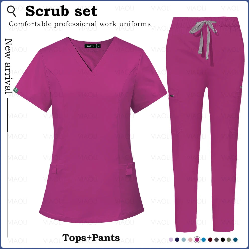 Multicolour Straight Pants Uniforms V-neck Top Pocket Pants Nurse Scrubs Set Medical Clinical Clothes