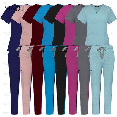 Multicolour Straight Pants Uniforms V-neck Top Pocket Pants Nurse Scrubs Set Medical Clinical Clothes