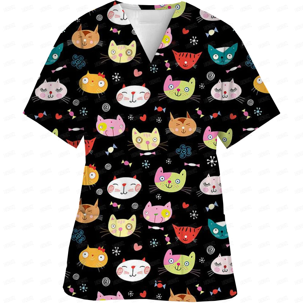 V-Neck Pocket Cartoon Animal Print scrub top