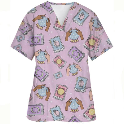 V-Neck Pocket Cartoon Animal Print scrub top