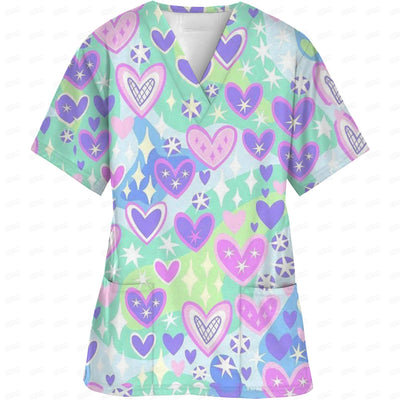 V-Neck Pocket Cartoon Animal Print scrub top