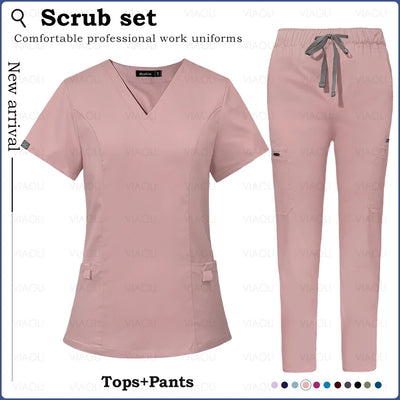 Multicolour Straight Pants Uniforms V-neck Top Pocket Pants Nurse Scrubs Set Medical Clinical Clothes