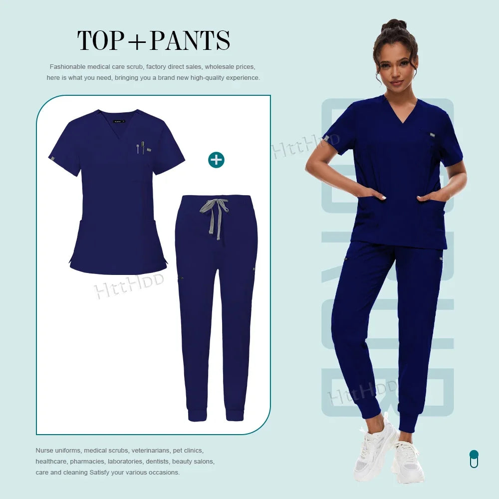 Medical Scrubs Set for Women Joggers V-Neck Pocket