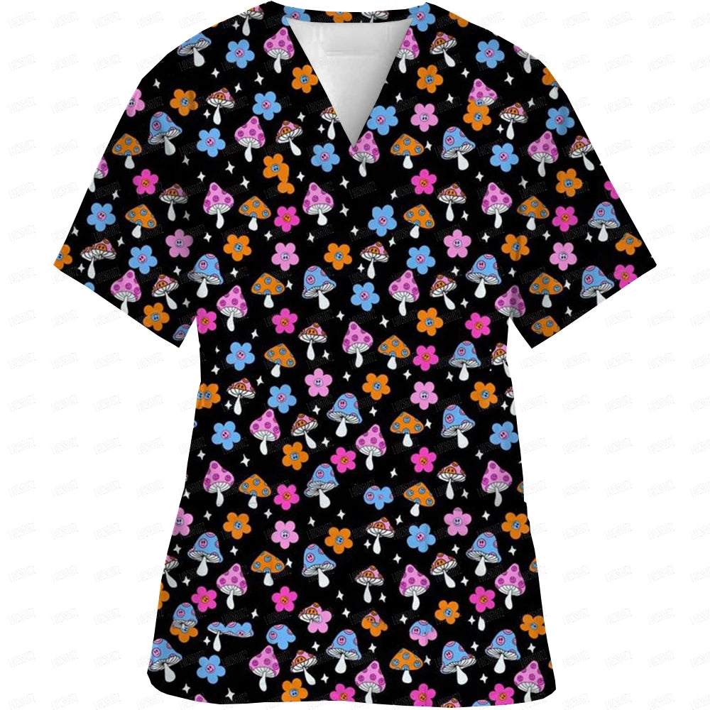 V-Neck Pocket Cartoon Animal Print scrub top