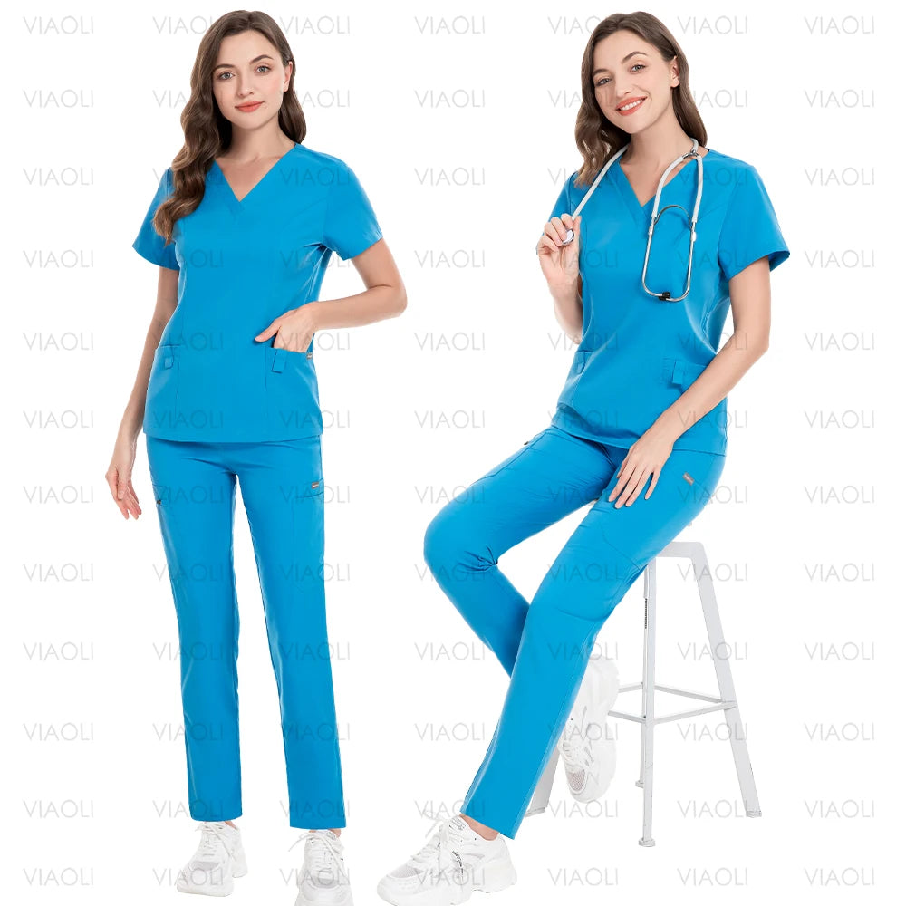 Multicolour Straight Pants Uniforms V-neck Top Pocket Pants Nurse Scrubs Set Medical Clinical Clothes