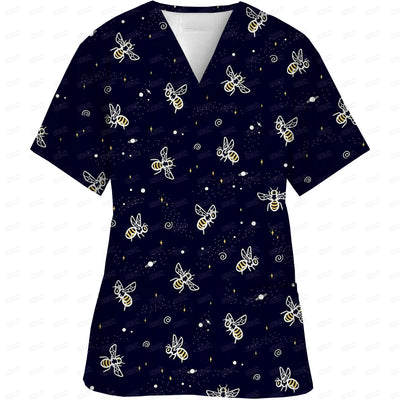 V-Neck Pocket Cartoon Animal Print scrub top