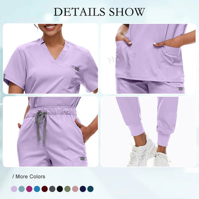 Medical Scrubs Set for Women Joggers V-Neck Pocket