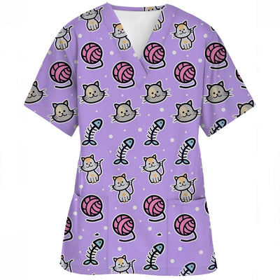 V-Neck Pocket Cartoon Animal Print scrub top