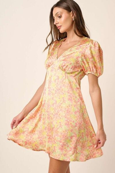 Mittoshop Printed V-Neck Puff Sleeve Mini Dress