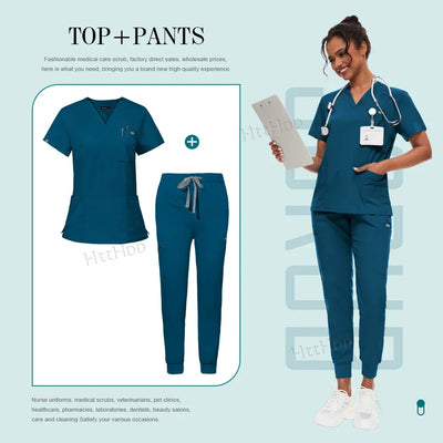 Medical Scrubs Set for Women Joggers V-Neck Pocket