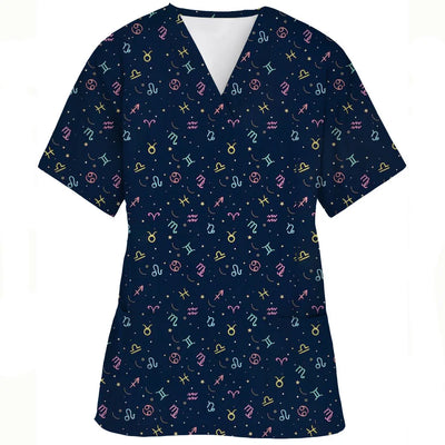 V-Neck Pocket Cartoon Animal Print scrub top