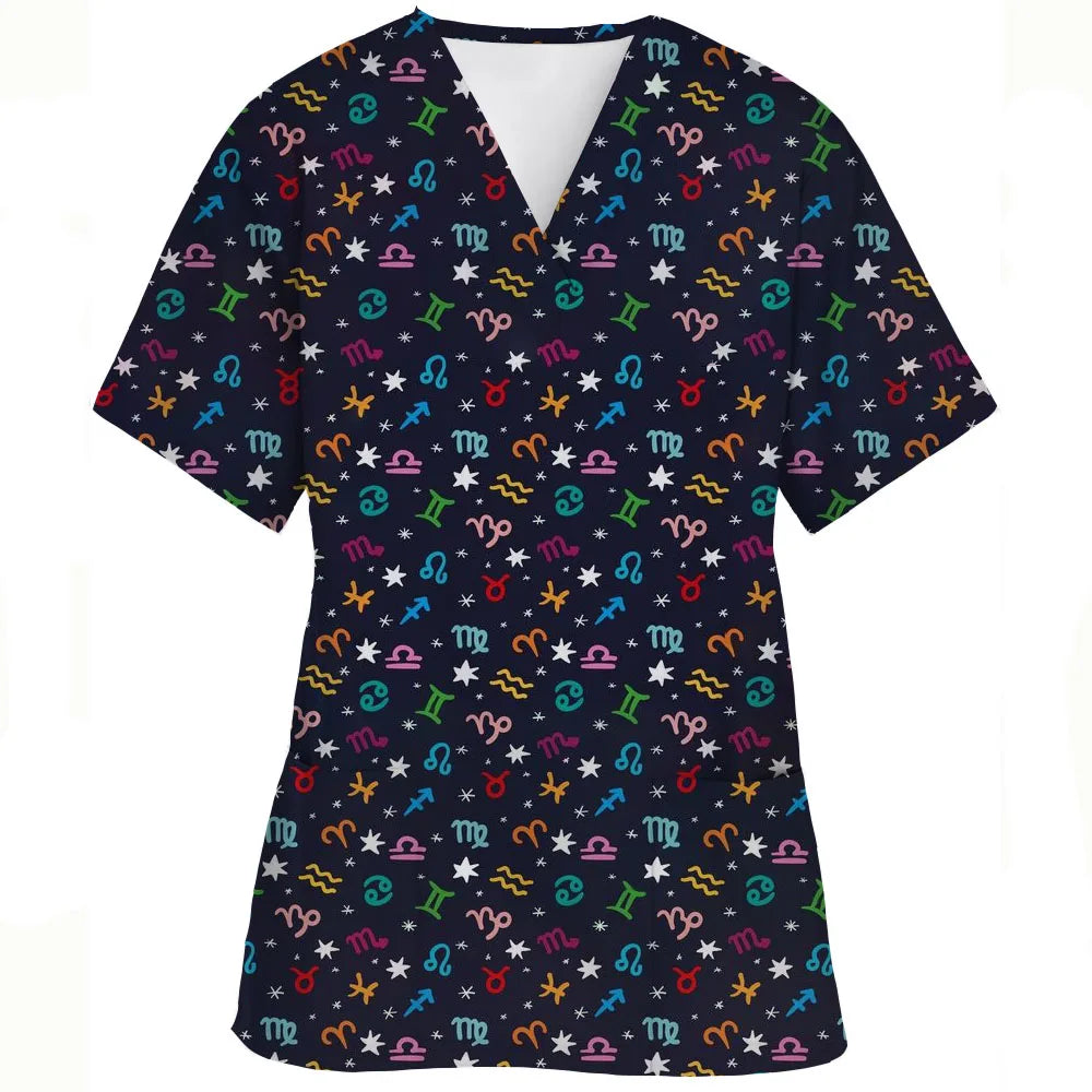 V-Neck Pocket Cartoon Animal Print scrub top