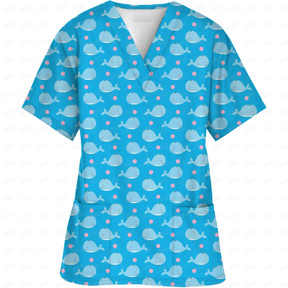 V-Neck Pocket Cartoon Animal Print scrub top